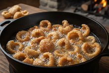pork cracklings frying in black cast iron pot 